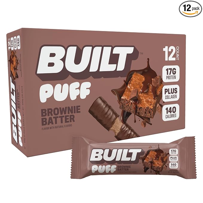 BUILT Puff Protein Bars, Brownie Batter, 17g Protein - 12 Count | Protein Snack Bar with Collagen, Calorie Conscious, Gluten Free