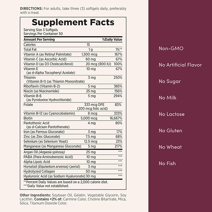 Nature's Bounty Advanced Hair, Skin & Nails, Argan-Infused Vitamin Supplement with Biotin and Hyaluronic Acid, 150 Rapid Release Softgels (Pack of 2)