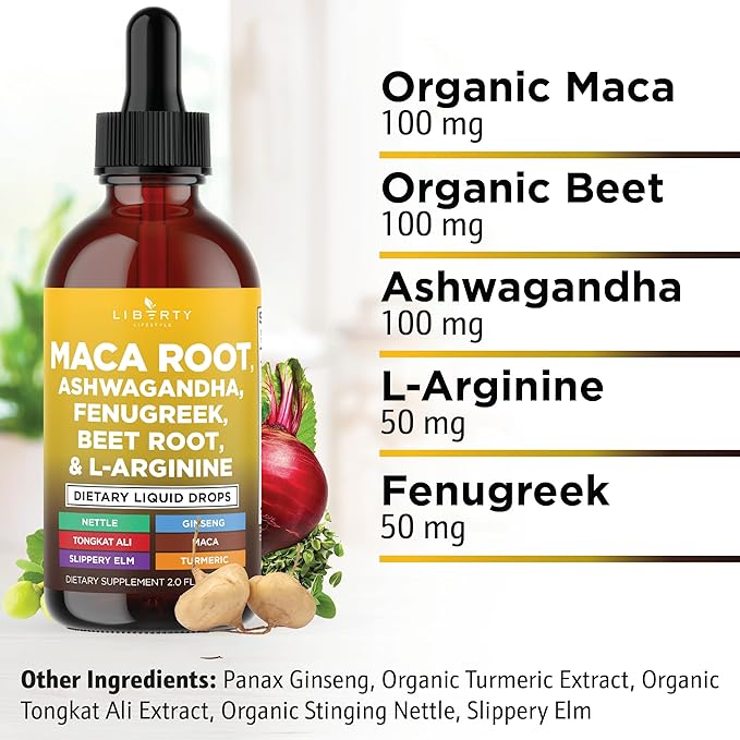 Organic Maca Root Liquid Drops with Ashwagandha, Nettle, Fenugreek, Beet Root and L-Arginine Liquid Multivitamin for Women and Men - 2oz