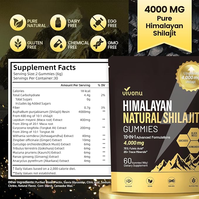 Shilajit for Men & Women Gummies | 4000mg High Potency 10-in-1 Formula with Pure Himalayan Shilajit, Ashwagandha, and 75% Fulvic Acid | Sugar-Free Vegan, 85+ Trace Minerals