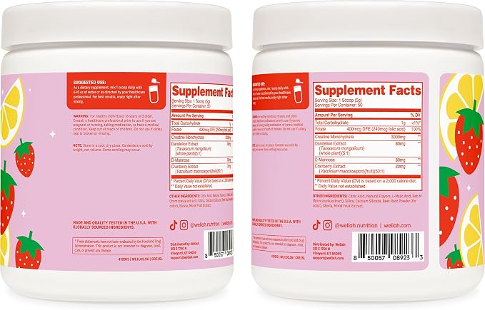 Wellah Creatine for Women - Creatine Monohydrate with Dandelion & Cranberry Extract (50 Servings, Strawberry Lemonade)