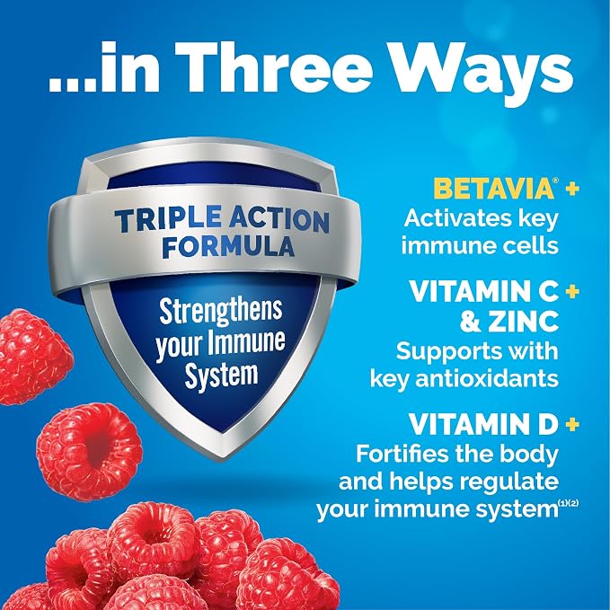 Emergen-C Immune+ Triple Action Immune Support Powder, BetaVia (R), 1000mg Vitamin C, B Vitamins, Vitamin D and Antioxidants, Raspberry – 30 Count