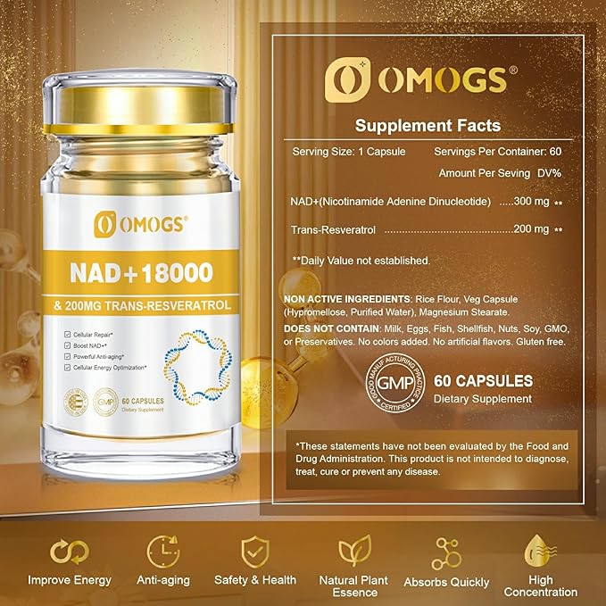 OMOGS NAD+ 300 mg + Trans-Resveratrol 200 mg, Pure NAD Supplement, Max Absorption, Boosting Supplement for DNA Repair, Healthy Aging, Cellular Energy & Longevity, 60 Capsules
