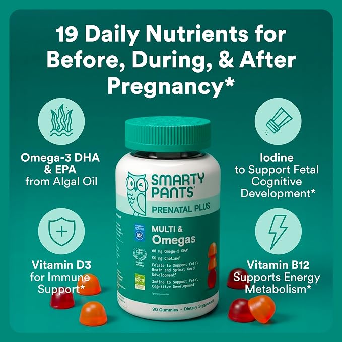 SmartyPants Prenatal Multivitamin Gummies, Omega 3 (DHA/EPA), Methylfolate, Biotin, Vitamin D3, C, Vitamin B12, B6, Vitamin A, K & Zinc, Gluten Free, 120 Count (40 Day Supply)