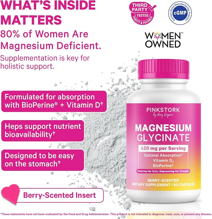Pink Stork Magnesium Glycinate with Vitamin D - Magnesium Supplement for Women to Support Natural Calm, Mood, and Sleep - Hormone Balance for Women - 60 Capsules, Berry Essence, 1 Month Supply