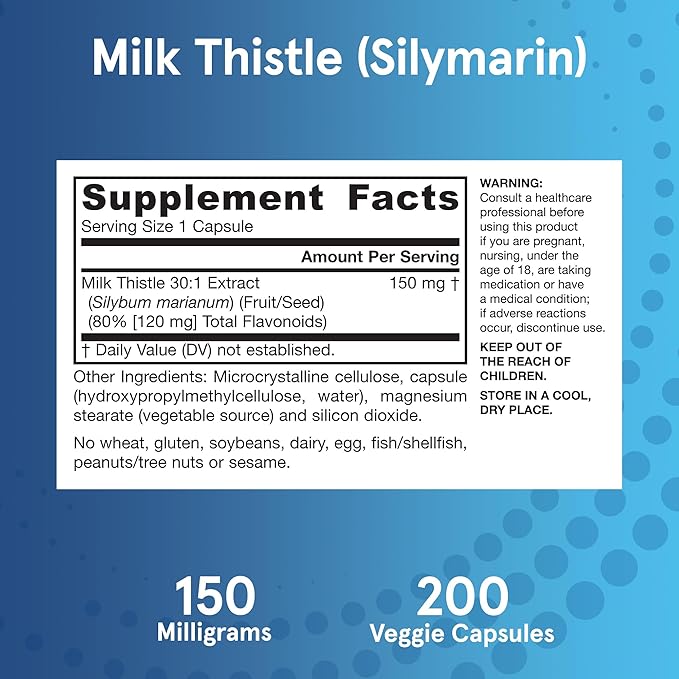 Jarrow Formulas Milk Thistle Supplement 150 mg. 30:1 Milk Thistle Extract Standardized to 80% Total Flavonoids, Dietary Supplement for Liver Function Support, 200 Veggie Capsules, Up to 200 Day Supply
