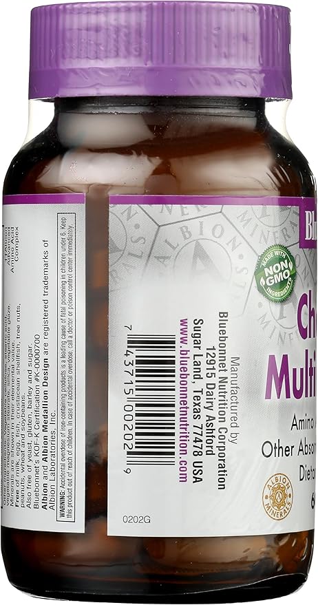 Bluebonnet Nutrition High Potency Chelated Multiminerals, Albion Chelated Minerals, Soy-Free, Gluten-Free, Non-GMO, Kosher Certified, Dairy-Free, 60 Caplets, 20 Servings