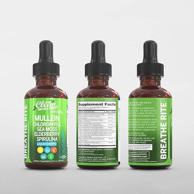 Mullein Drops for Lungs Liquid Chlorophyll Mullein Leaf Extract Supplement Elderberry Sea Moss Spirulina Chlorella Lobelia Marigold Licorice Marshmallow Lung Detox Cleanse Tincture Men Women 2 fl oz