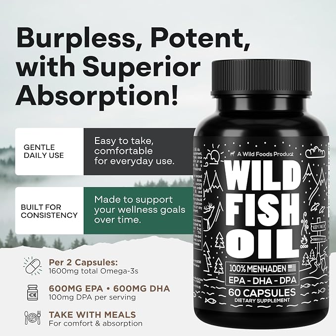 Wild Foods Fish Oil Omega 3 Supplements | 1600 mg | Highly-Potent: DPA, DHA, EPA | Burpless, Odorless, Non-GMO, Gluten Free | For Brain & Heart Health, Joint Support | 60 Capsules (1 pk) | 30 Servings