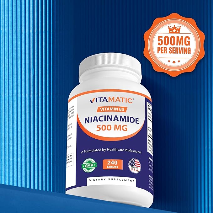 Vitamatic Niacinamide 500 mg 240 Tablets - Flush Free Vitamin B3 - Supports Energy Production-2 Pack