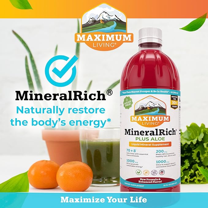 Maximum Living MineralRich Minerals Supplement with Aloe - Liquid Blend of Vitamins and Trace Minerals - 32 oz