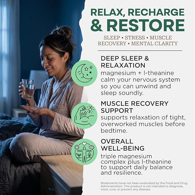 Wild Foods 3 in 1 Magnesium Glycinate L Theanine for Calm Sleep & Muscle Relaxation - Glycinate, Malate, Taurate - 100% Natural Magnesium Complex for Women and Men - 60 Capsules
