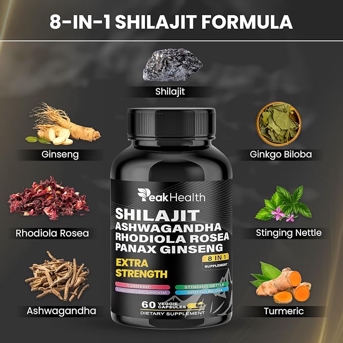 Peakhealth Shilajit Sea Moss Black Seed Oil Ashwagandha Capsules for Man Woman,2 Bottle Combo with Turmeric, Panax Ginseng, Rhodiola,Herbal Formula,Energy & Immune Support, 60 Capsules