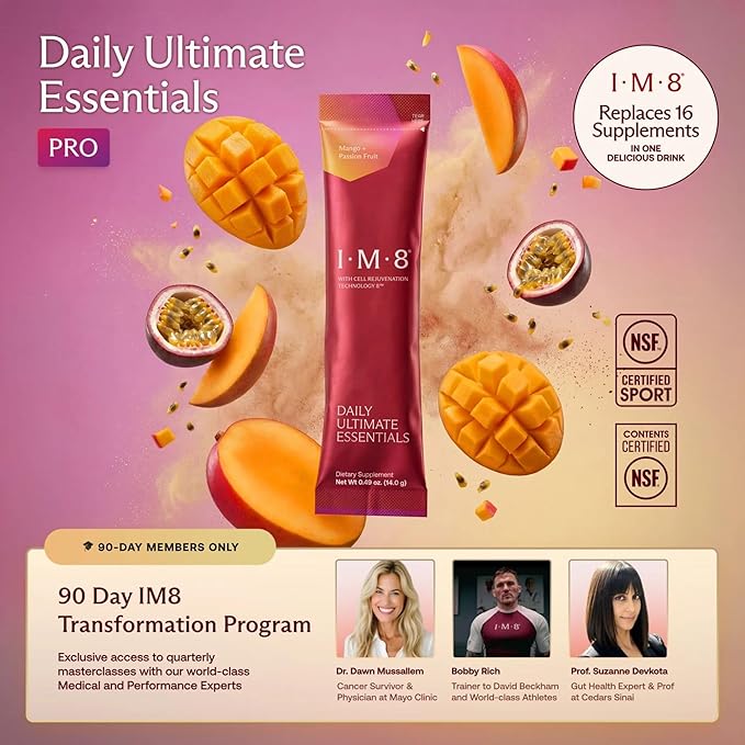IM8 Daily Ultimate Essentials All-in-One Multivitamin Supplement, 92 Nutrient Rich Ingredients CoQ10, Probiotics, Vitamins, Greens, Gluten Free, Vegan (30 Packets, Mango & Passion Fruit)
