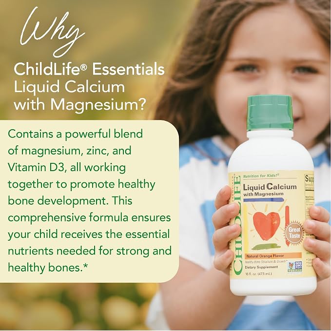 ChildLife Essentials Liquid Calcium Supplement for Kids - Baby Calcium with Magnesium, Zinc, and Vitamin D3 - Orange Flavor, 16 fl oz (6 Pack)