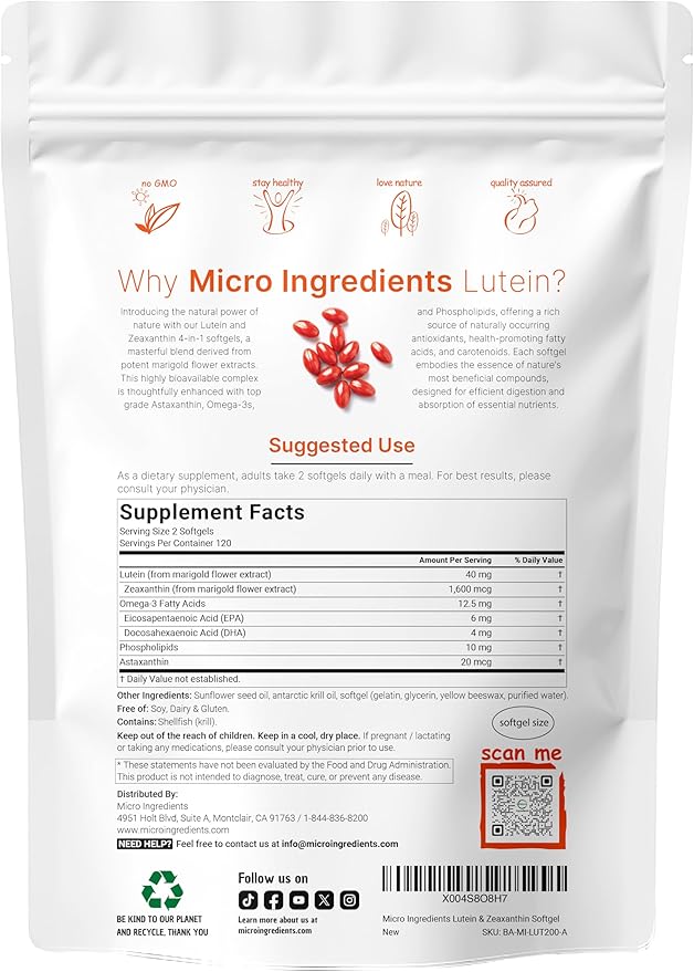 Micro Ingredients Lutein & Zeaxanthin 40mg Softgels, 240 Count, with Astaxanthin, Omega-3s, & Phospholipids | Eye + Vision Health Vitamins | Third Party Tested, Non-GMO, Gluten Free