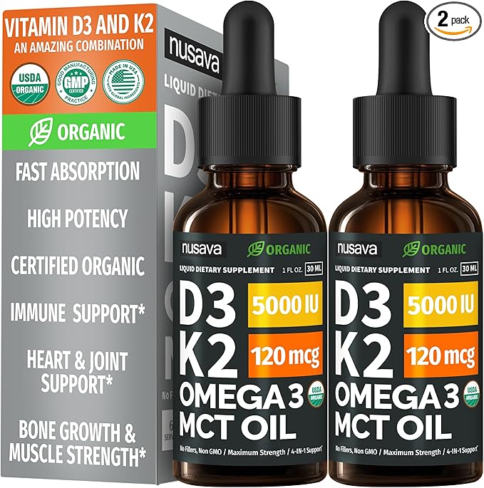 (2 Pack) Organic Vitamin D3 K2 Drops with MCT Oil Omega 3, 5000 IU, Maximum Strength Vitamin D Liquid, No Fillers, Non-GMO Liquid D3 for Faster Absorption and Immune Support (Unflavored, 2 Fl Oz)