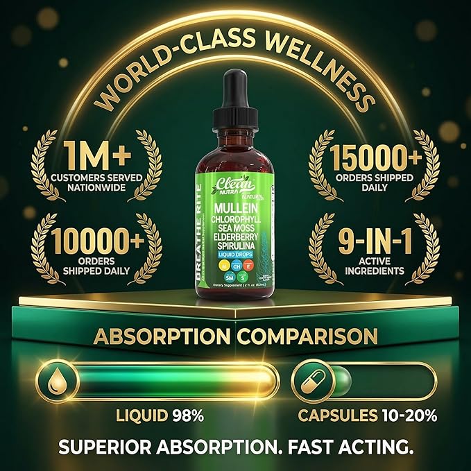 Mullein Drops for Lungs Liquid Chlorophyll Mullein Leaf Extract Supplement Elderberry Sea Moss Spirulina Chlorella Lobelia Marigold Licorice Marshmallow Lung Detox Cleanse Tincture Men Women 2 fl oz
