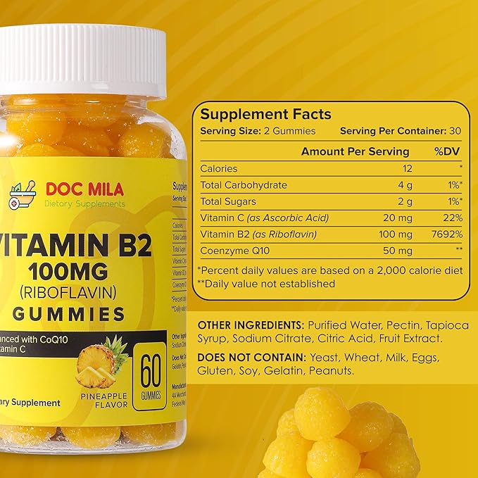 Vitamin B2 100mg Gummies for Adults and Kids - Riboflavin 100 mg Gummy - VIT B2 Supplements