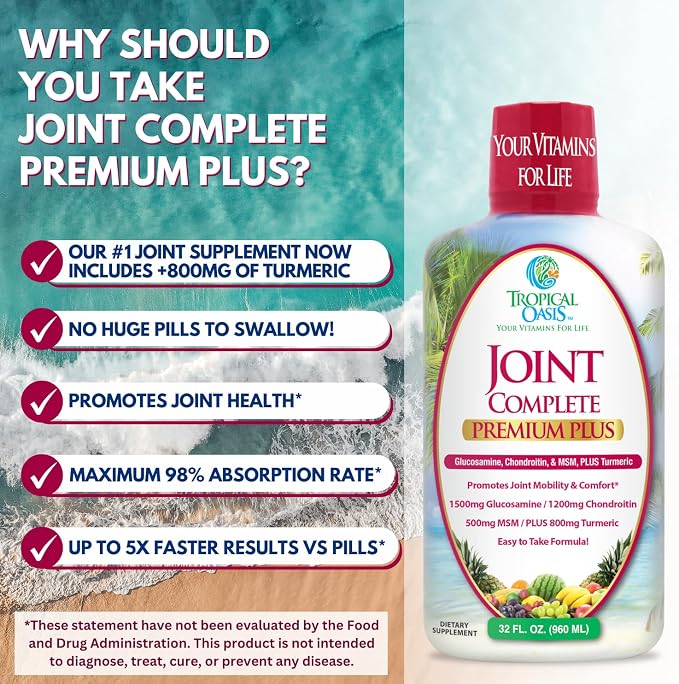 Joint Complete Premium Plus - Liquid Joint Supplement w/Glucosamine, Chondroitin, MSM Plus 800mg Turmeric – 98% Max Absorption – 32oz, 32 serv