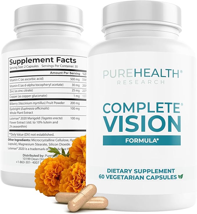 PUREHEALTH RESEARCH Complete Vision Formula - Eye Vitamins & Mineral Supplement - Lutein and Zeaxanthin Supplements for Men & Women - with Eyebright Herb, Zinc, Copper, Bilberry & More - 60 Capsules