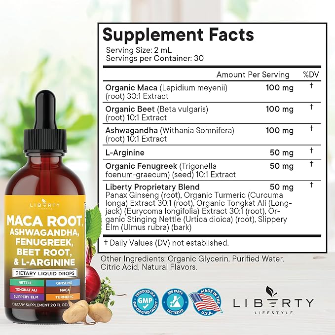 Organic Maca Root Liquid Drops with Ashwagandha, Nettle, Fenugreek, Beet Root and L-Arginine Liquid Multivitamin for Women and Men - 2oz