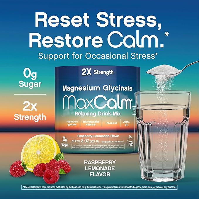 Relaxing Drink Mix | Raspberry-Lemonade Flavor | Magnesium Glycinate, KSM-66 Ashwagandha, L-Theanine & Vitamin D3 | MaxCalm | Gluten-Free, Vegan | 8 Ounce Powder