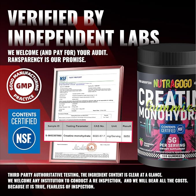NSF Certified Creatine Gummy - Creatine Monohydrate Gummies for Men & Women-5g of Creatine Monohydrate per Serving - Sugar Free,Vegan, Strawberry Electrolyte Chews, 135 Count