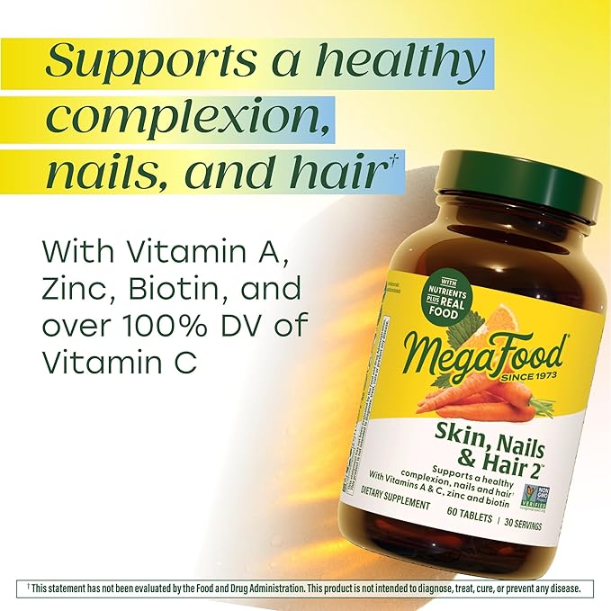 MegaFood Skin, Nails & Hair 2 - Vitamins for Women & Men - Biotin, Vitamin A, C, Zinc, B6, E, Pantothenic Acid - Vegan - Made Without 9 Food Allergens - 60 Tabs (30 Servings)