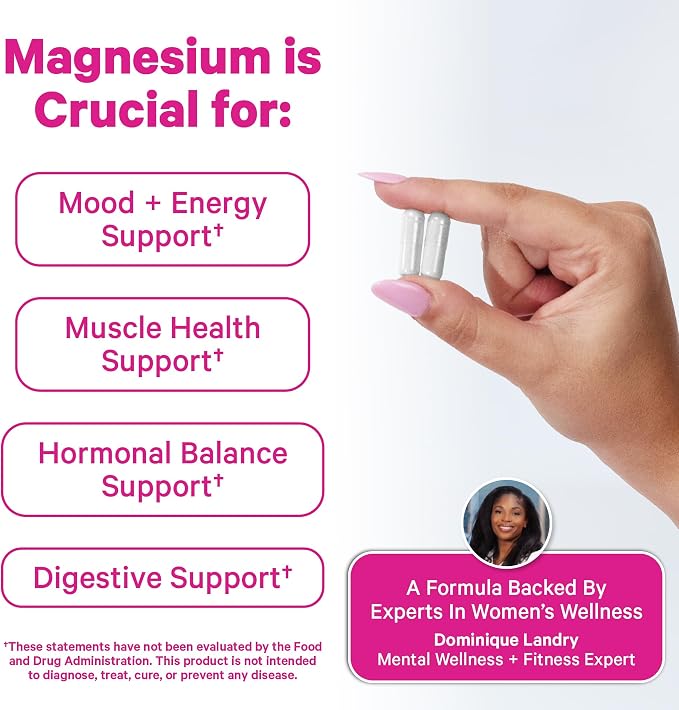 Pink Stork Magnesium Glycinate with Vitamin D - Magnesium Supplement for Women to Support Natural Calm, Mood, and Sleep - Hormone Balance for Women - 60 Capsules, Berry Essence, 1 Month Supply