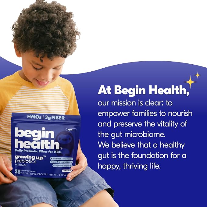 Begin Health Growing Up Prebiotics for Kids 84-Packs | Prebiotic Soluble Powder Stool Softeners and Digestive Gut Health Supplement | Ideal to Mix with Kids Daily Beverages and Soft Foods - Unflavored