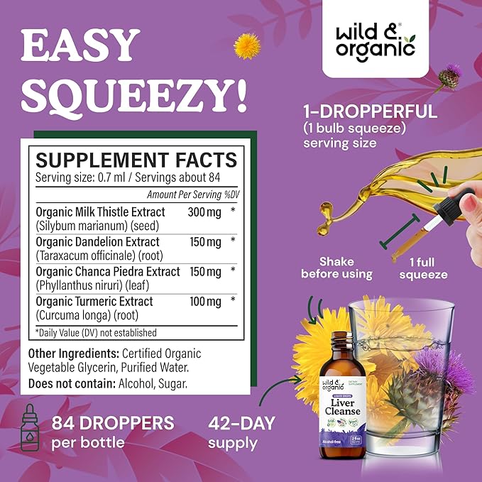 Wild & Organic Liver Cleanse Tincture - Liver Detox Formula with Milk Thistle, Dandelion Root, Chanca Piedra Stone Breaker Extract - Herbal Supplement - Vegan, Sugar & Alcohol-Free Liquid Drops - 2 oz
