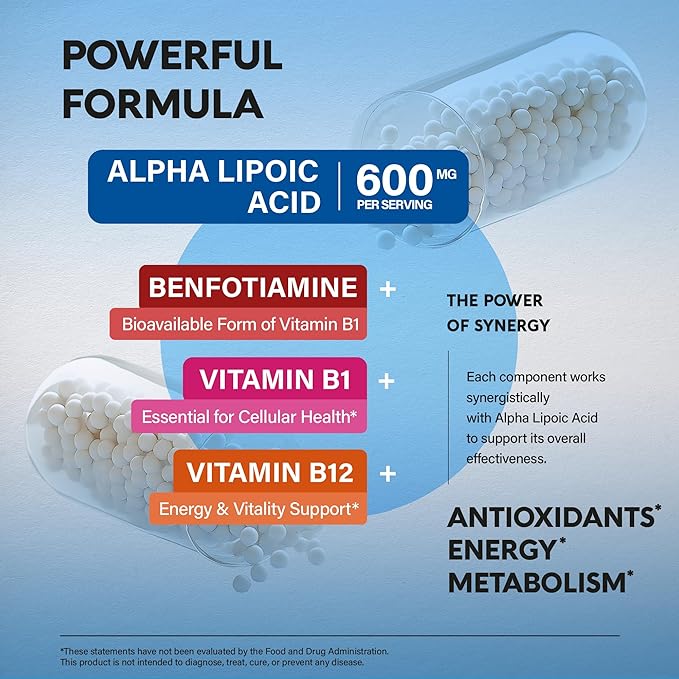 Alpha Lipoic Acid 600mg - ALA Supplement Antioxidant for Nerve, Energy & Metabolism Support - Extra Strength with Benfotiamine, B1 & B12 - Lab Tested, NON-GMO & Vegan - 120 Capsules, 2 Month Supply