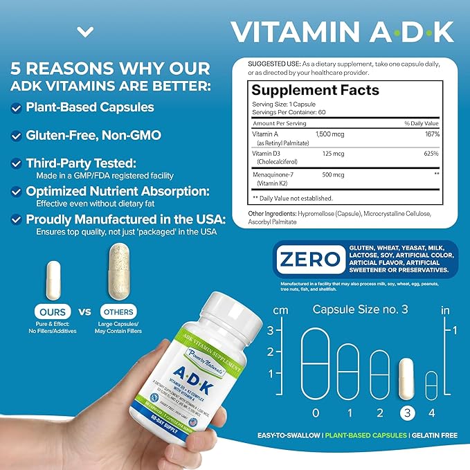 Power By Naturals ADK Vitamin Supplement – Vitamins A, D3 & K2 MK-7 for Bone Health & Calcium Absorption – Gluten-Free, Soy-Free – 60 Capsules (2-Month Supply)