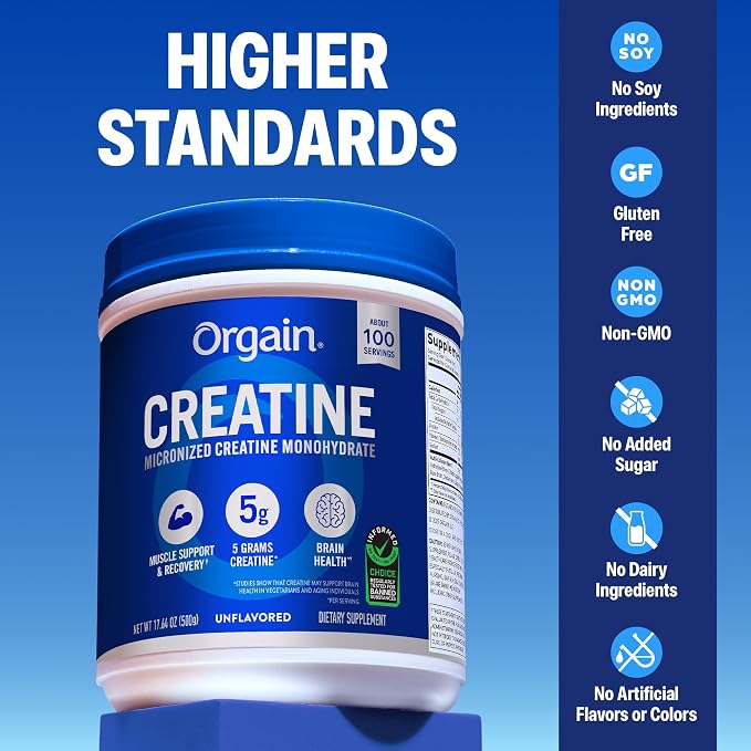 Orgain Creatine Monohydrate Micronized Powder, 100 Servings, Unflavored, Supports Muscle Growth, Post Workout Recovery and Brain Health, No Artificial Additives, for Men & Women (Packaging May Vary)