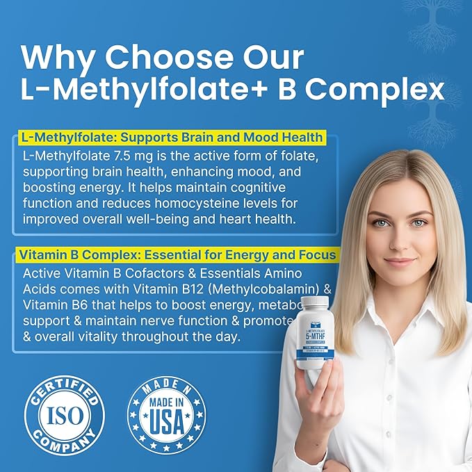 L-Methylfolate 7.5mg + Vitamin B Complex - 5-MTHF, B6 & B12 Methylcobalamin - 60 Capsules - Professional Strength Active Methyl Folate - Non GMO, Gluten Free, No Fillers (2-Month Supply)