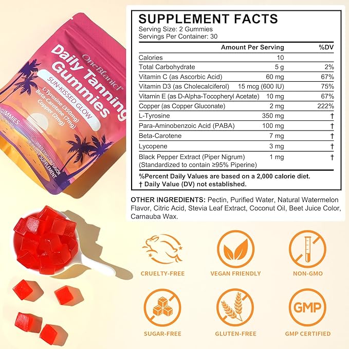 Daily Tanning Gummies - Natural Sun-Free Glow - with L-Tyrosine & Beta-Carotene to Enhance Tan, Nourish & Protect Skin, Watermelon Flavor, 60 Count