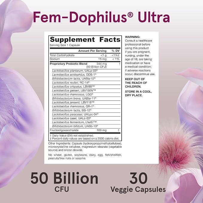 Jarrow Formulas Fem-Dophilus Vaginal & Digestive Probiotic 50 Billion CFU, 9 Clinically-Studied Strains, for Vaginal Flora & Yeast Balance, Urinary Tract, Digestive, & Immune Support, 30 Capsules