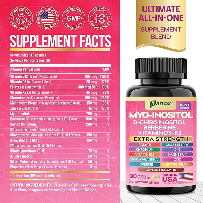 Myo-Inositol Supplement with D-Chiro Inositol, DIM, Berberine, Vitamin D3 + K2, Methylated B12, Chromium, Ceylon Cinnamon, Zinc, Ashwagandha, Chasteberry, Magnesium, Bioperine, Bitter Melon (3 Pack)