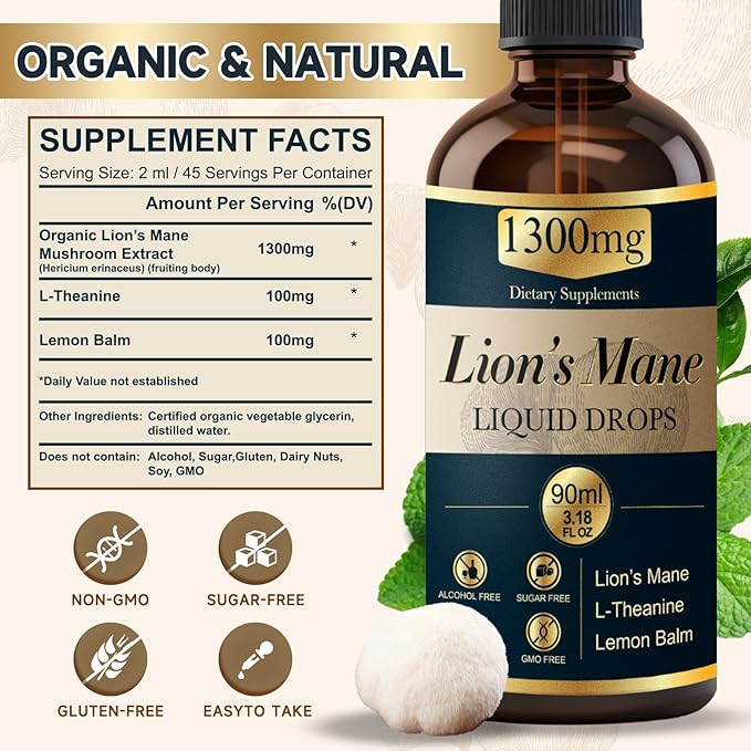 2 Pack*90ml Lions Mane Liquid Drops Organic Mushrooms Supplement with L-Theanine Lemon Balm Lion's Mane Extract Drop for Adults Brain Support for Memory Focus Clarity Free of Alcohol Sugar Tasteless