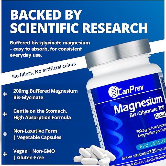 CanPrev Magnesium Bis-Glycinate Gentle 200mg, 120 V-Caps 120-Day Supply - Pure Elemental Magnesium Supplement, Supports Bone and Muscle Function, Gentle on Stomach, Perfect for Daily Magnesium Needs
