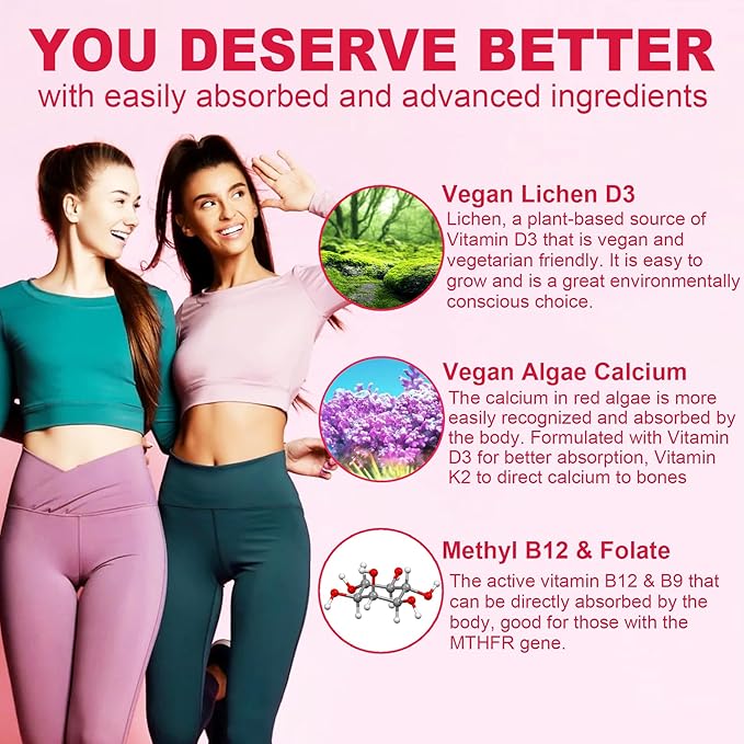 Methylated Multivitamin for Women Gummies, Calcium, D3 K2, Methylfolate & B12, Inositol, Daily Vitamin A C E, B Complex, Biotin, Zinc, Iron -Energy, Immune, Bone, Skin, Hair - Vegan, Sugar Free, 60Cts