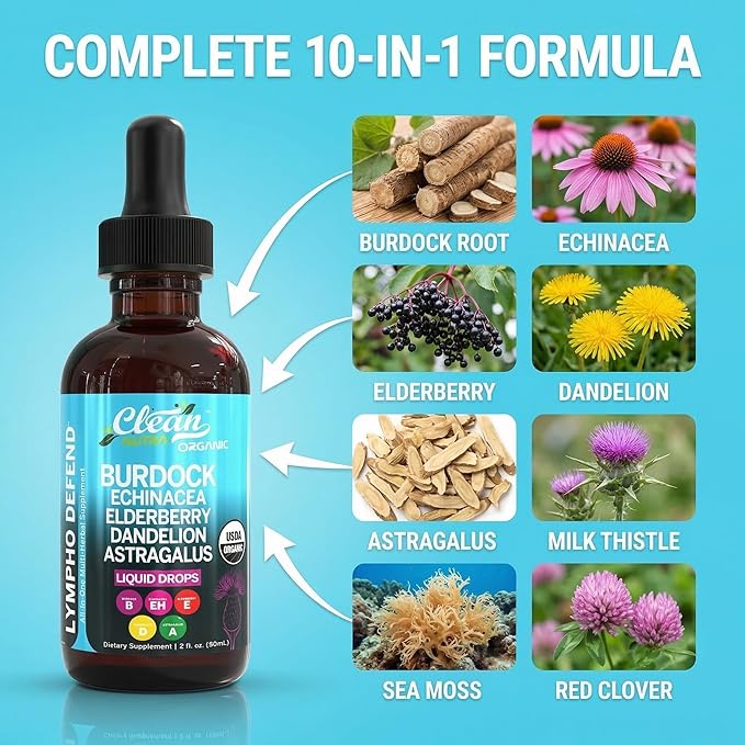 Organic Lymphatic Drainage Supplement | Lymphatic Support Drops | Burdock Root Echinacea Elderberry Dandelion Astragalus Milk Thistle Sea Moss Red Clover Cleanse Marigold Drop By Clean Nutra