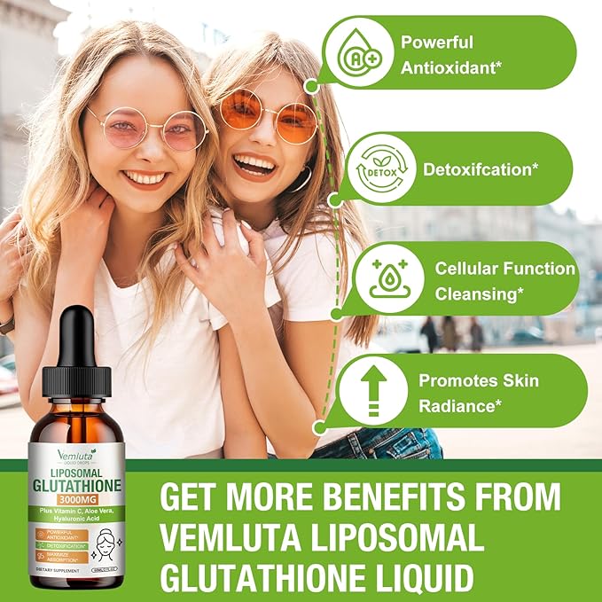 2 Pack 3000mg Liposomal Glutathione Liquid Drops, 98% Absorption Liposomal Glutathione with Vitamin C for Women, Glutathione Liposomal Supplement, Powerful Antioxidant Complex for Immune System, Liver
