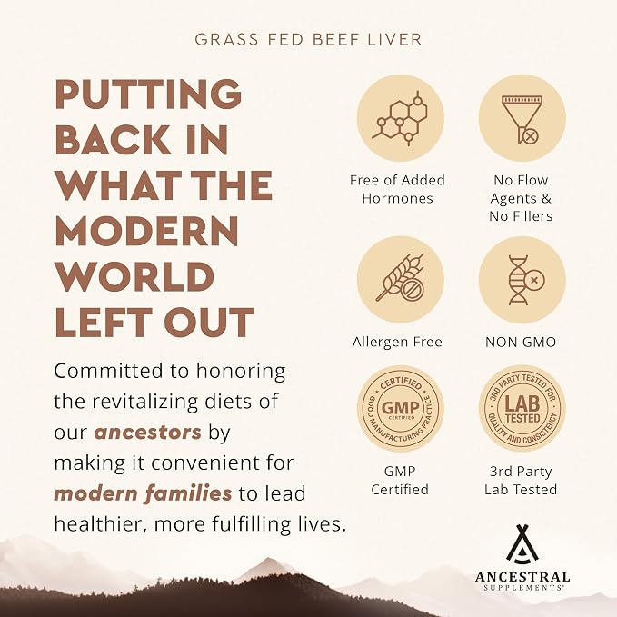 Ancestral Supplements Grass Fed Beef Liver 180 Capsules, Supports Energy Production, Detoxification, Digestion, Immunity and Full Body Wellness, Non-GMO, Freeze Dried Liver Health Supplement