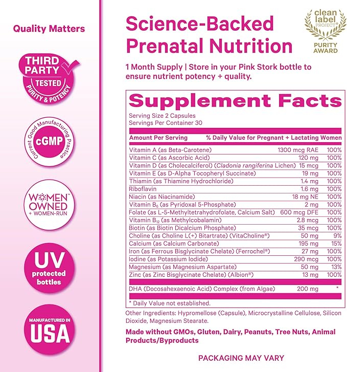 Pink Stork Total Prenatal Vitamins for Women | DHA, Folate, Iron, Choline, & Vitamin B12 | Preconception Nutrition | Prenatals for Women, Pregnancy Essentials | Doctor Formulated, 60 Count, Mint