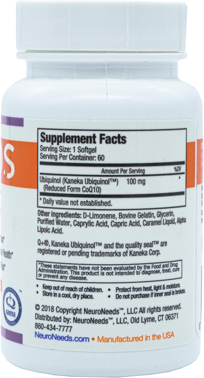 QNeeds® coqh-cf Ubiquinol 100 mg COQ10 Clinically Proven Enhanced Delivery for Maximum Absorption, Enhanced Mitochondrial Support, Antioxidant for Heart Health, 60 Count Softgels