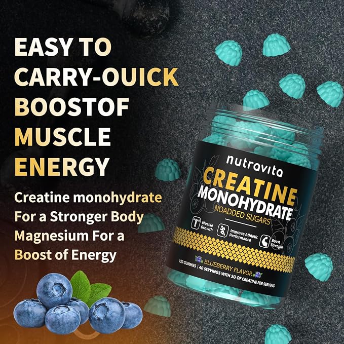 Nutravita NSF Certified Creatine Gummy - Creatine Monohydrate Gummies for Men & Women-5g of Creatine Monohydrate per Serving - Sugar Free,Vegan, Blueberry Flavor, 120 Count