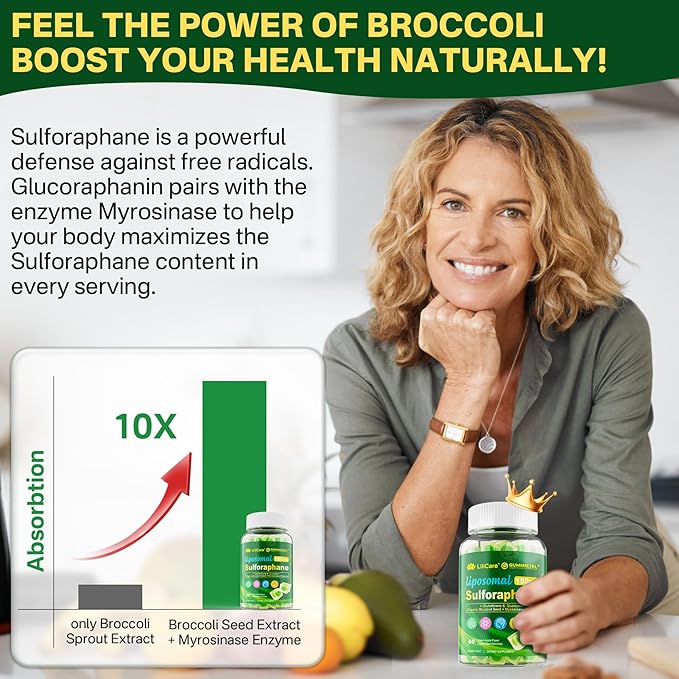 Liposomal Sulforaphane Supplement 150mg, from Broccoli Seed Extract w/Myrosinase, Quercetin, Glutathione, Sulforaphane Supplement Gummies for Antioxidants Detox Cellular Brain Health, Chewable 120Cts