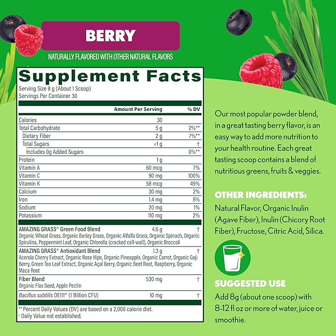 Amazing Grass Greens Superfood Powder: Greens Powder with Digestive Enzymes & Probiotics,Organic Spirulina,Chlorella,and Beet Root Powder,Berry,30 Servings (Packaging May Vary),(Pack of 2)